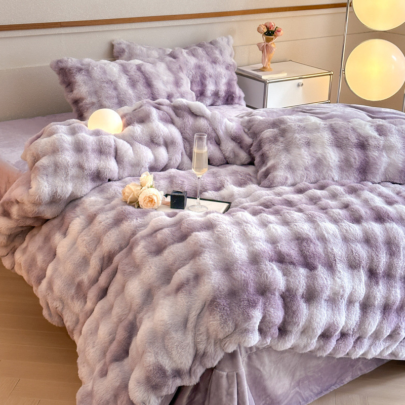 Set posteljine od mliječne velur s krznom z kunića, četverodjelni set za jesen-zimu, s coral fleece plahtama i navlakom za deku