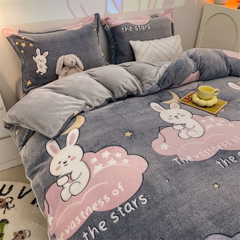 Paplanhuzat cartoon mintával, twill szövés, reaktív nyomtatás és festés, tejfleece anyag