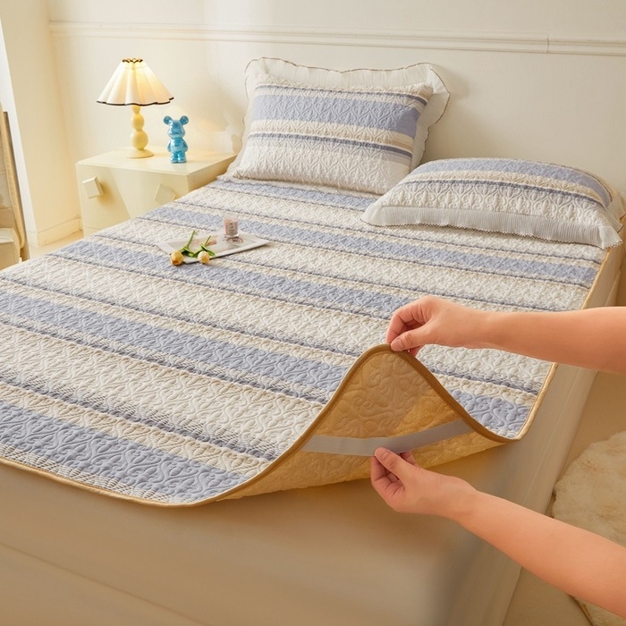 Kokvilnas adīta gultas palags ar svītrām, 40 pavedienu audums