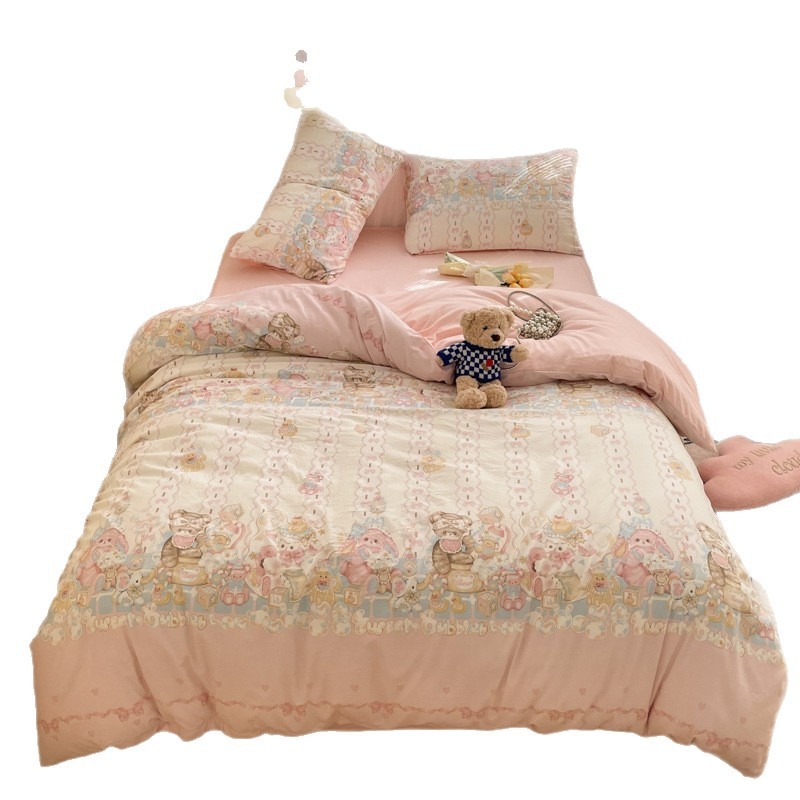 Četra gabalu guļamistabas komplekts no mazgātas kokvilnas, zīmējums ar dzīvniekiem, reaktīvā druka un birstētais audums, 40-count, svars 2000–2500 g