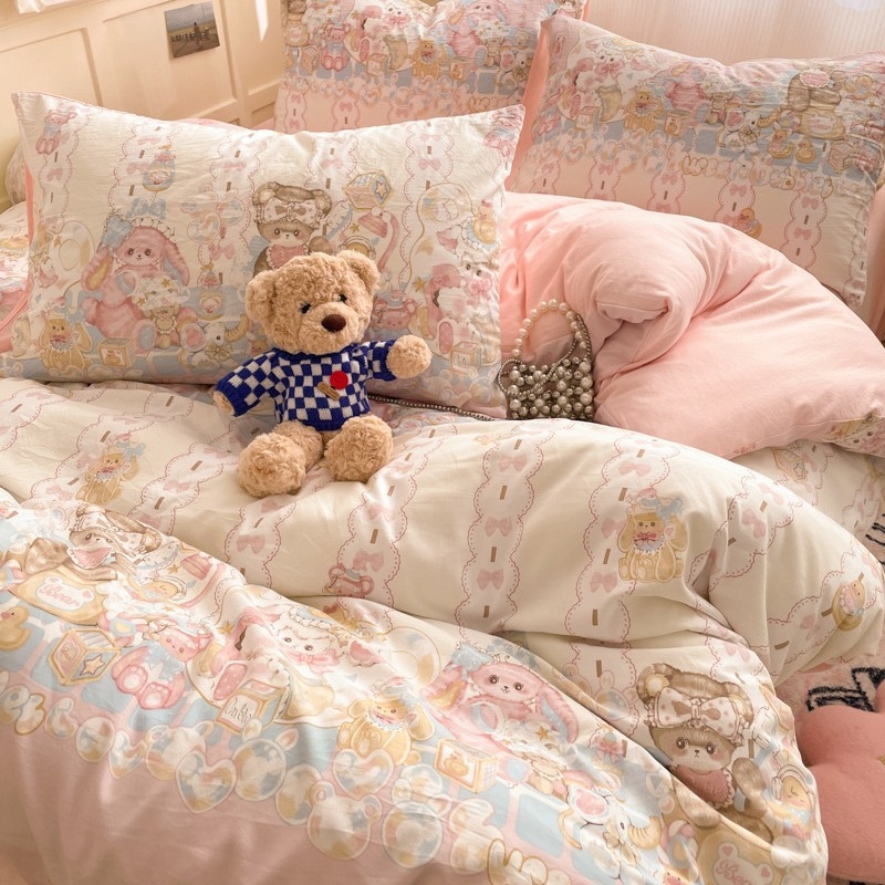 Četra gabalu guļamistabas komplekts no mazgātas kokvilnas, zīmējums ar dzīvniekiem, reaktīvā druka un birstētais audums, 40-count, svars 2000–2500 g