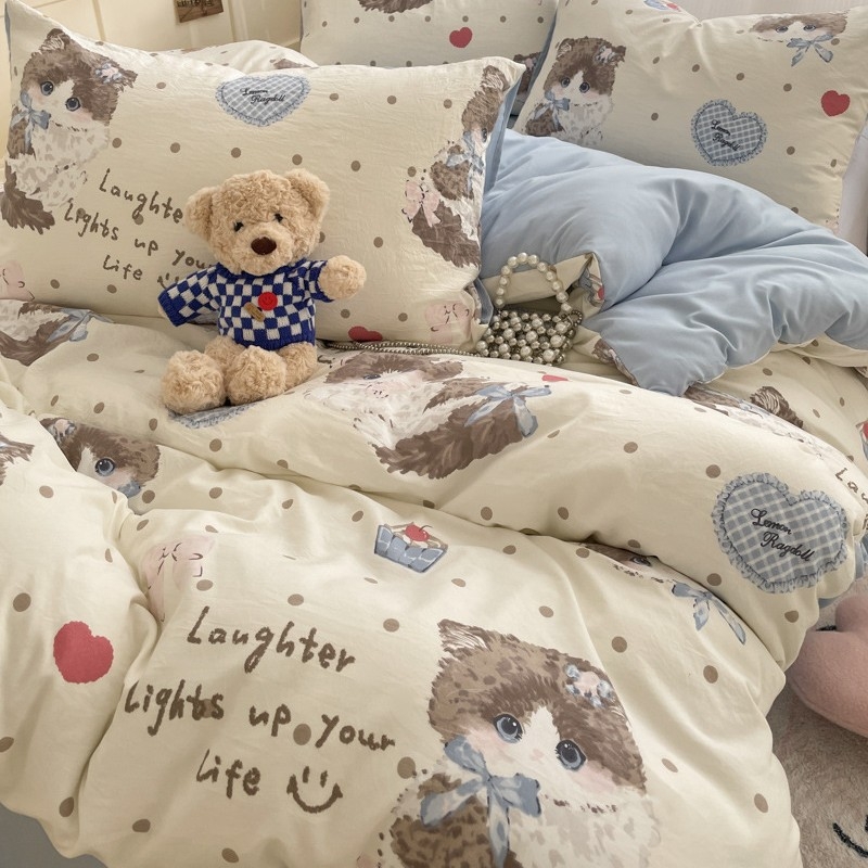 Četra gabalu guļamistabas komplekts no mazgātas kokvilnas, zīmējums ar dzīvniekiem, reaktīvā druka un birstētais audums, 40-count, svars 2000–2500 g