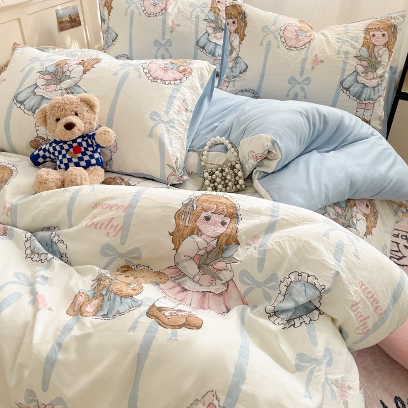 Četra gabalu guļamistabas komplekts no mazgātas kokvilnas, zīmējums ar dzīvniekiem, reaktīvā druka un birstētais audums, 40-count, svars 2000–2500 g