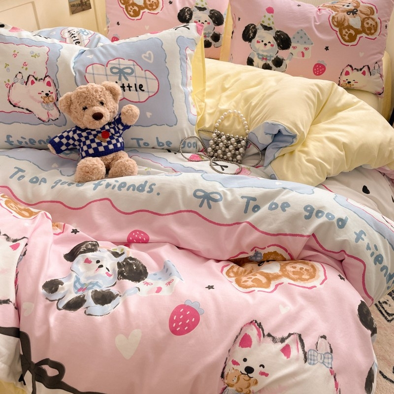 Četra gabalu guļamistabas komplekts no mazgātas kokvilnas, zīmējums ar dzīvniekiem, reaktīvā druka un birstētais audums, 40-count, svars 2000–2500 g