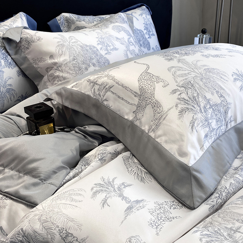 Ice silk gultas veļas komplekts, 4 gab., ziedu raksts, reaktīvā druka un krāsošana, šuve, svara 2500–3000 g, Light Luxury stils