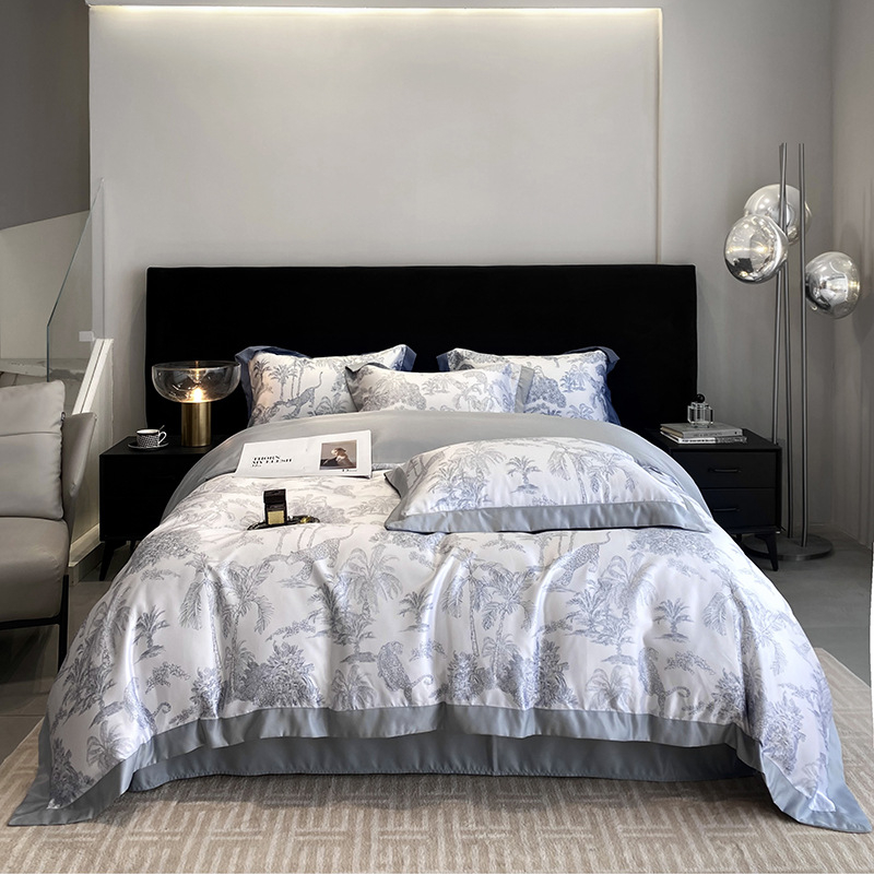 Ice silk gultas veļas komplekts, 4 gab., ziedu raksts, reaktīvā druka un krāsošana, šuve, svara 2500–3000 g, Light Luxury stils