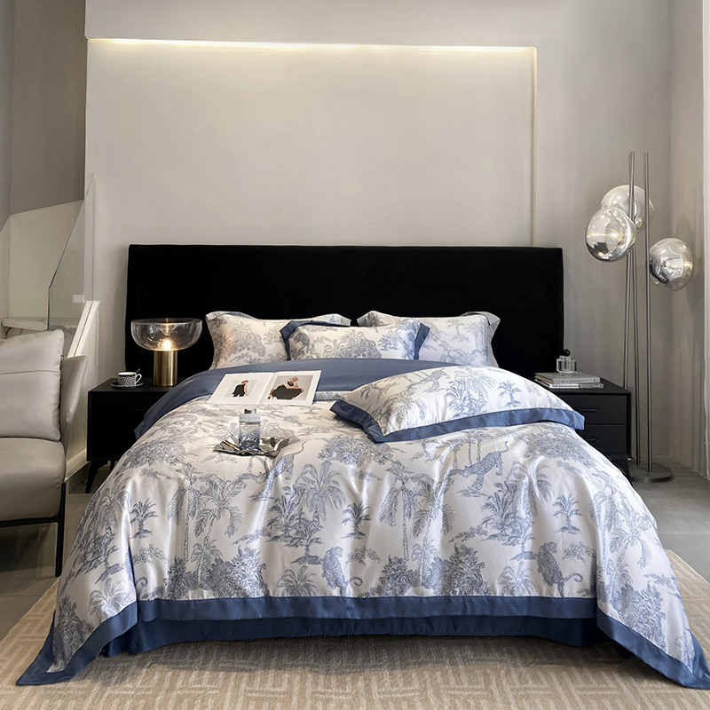 Ice silk gultas veļas komplekts, 4 gab., ziedu raksts, reaktīvā druka un krāsošana, šuve, svara 2500–3000 g, Light Luxury stils