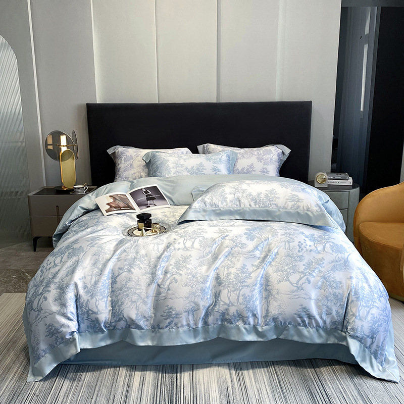 Ice silk gultas veļas komplekts, 4 gab., ziedu raksts, reaktīvā druka un krāsošana, šuve, svara 2500–3000 g, Light Luxury stils