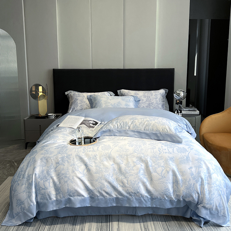 Ice silk gultas veļas komplekts, 4 gab., ziedu raksts, reaktīvā druka un krāsošana, šuve, svara 2500–3000 g, Light Luxury stils