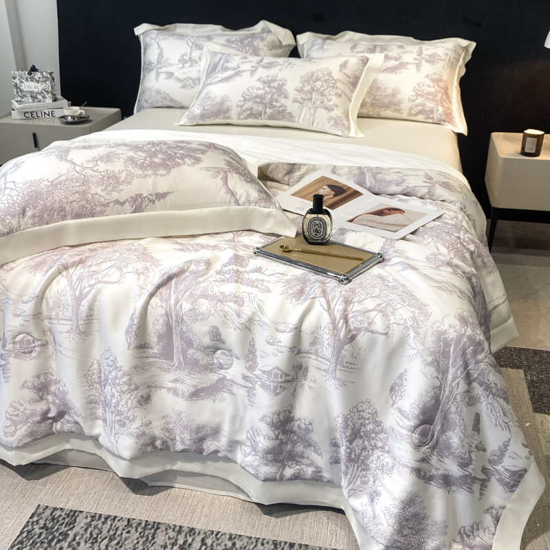 Ice silk gultas veļas komplekts, 4 gab., ziedu raksts, reaktīvā druka un krāsošana, šuve, svara 2500–3000 g, Light Luxury stils