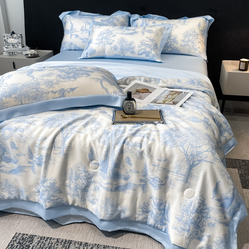 Ice silk gultas veļas komplekts, 4 gab., ziedu raksts, reaktīvā druka un krāsošana, šuve, svara 2500–3000 g, Light Luxury stils