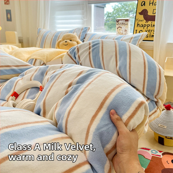 Milk velvet četrdaļīgs gultas komplekts, Muji stils, antistatiskas īpašības, raksts svītras vai kvadrāti