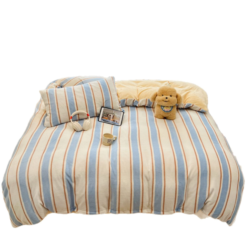 Milk velvet četrdaļīgs gultas komplekts, Muji stils, antistatiskas īpašības, raksts svītras vai kvadrāti