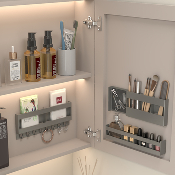 Stienā stiprināms plastmasas trīs līmeņu kosmētikas un lūpu krāsu uzglabāšanas plaukts vannas istabas spoguļa durvīm