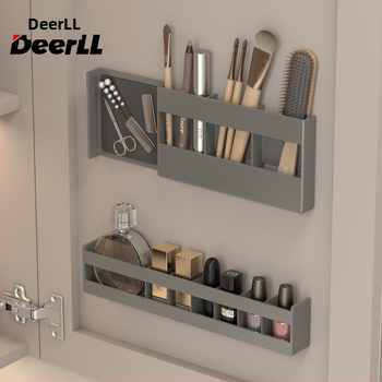 Stienā stiprināms plastmasas trīs līmeņu kosmētikas un lūpu krāsu uzglabāšanas plaukts vannas istabas spoguļa durvīm