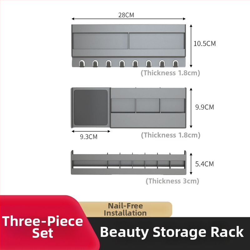 Stienā stiprināms plastmasas trīs līmeņu kosmētikas un lūpu krāsu uzglabāšanas plaukts vannas istabas spoguļa durvīm