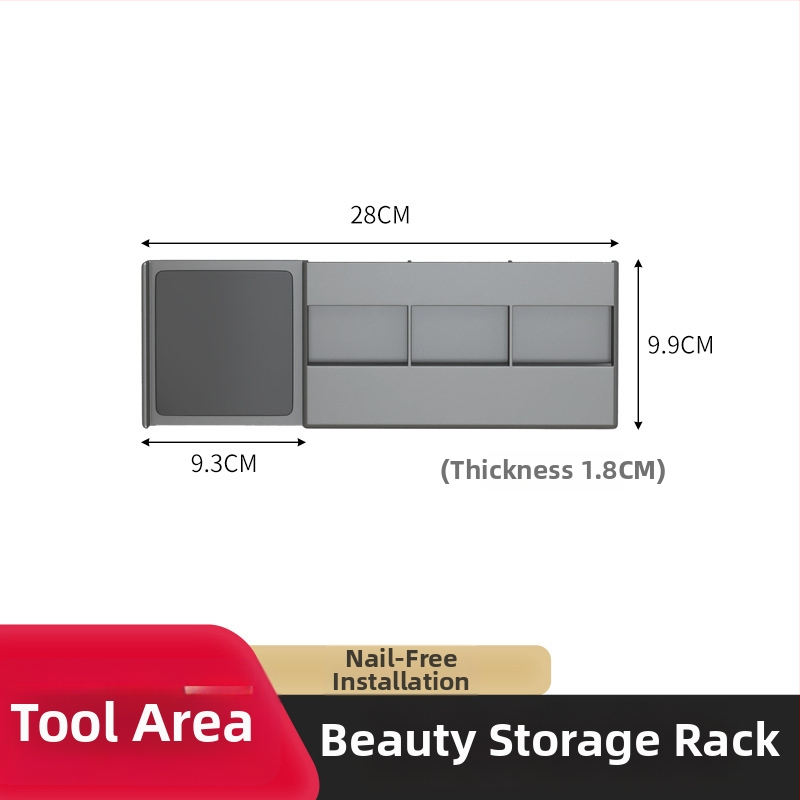 Stienā stiprināms plastmasas trīs līmeņu kosmētikas un lūpu krāsu uzglabāšanas plaukts vannas istabas spoguļa durvīm
