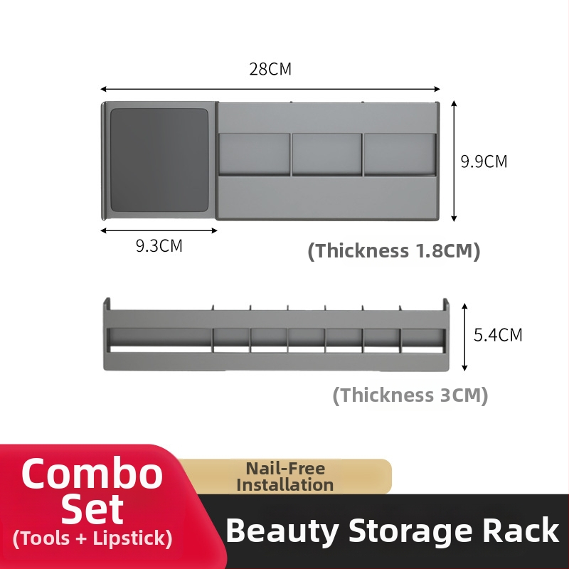 Stienā stiprināms plastmasas trīs līmeņu kosmētikas un lūpu krāsu uzglabāšanas plaukts vannas istabas spoguļa durvīm