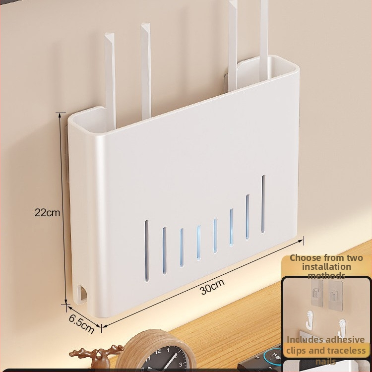 Sienas stiprināms skapītis maršrutatora un WiFi ierīcēm – metāls, minimālistisks stils, 1 līmenis, piemērots guļamistabai un viesistabai