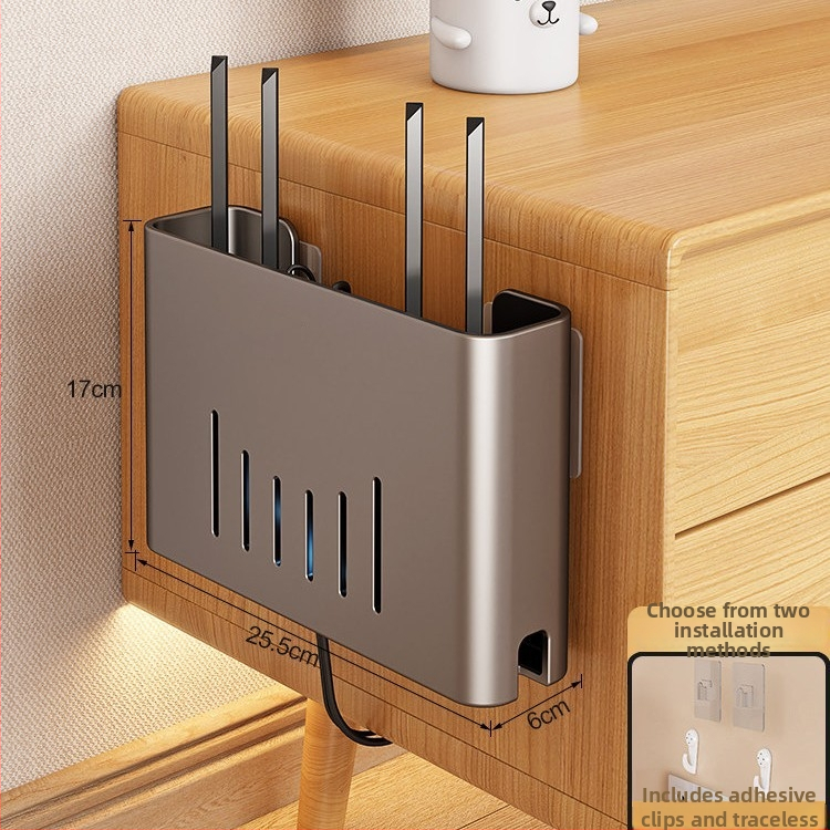 Sienas stiprināms skapītis maršrutatora un WiFi ierīcēm – metāls, minimālistisks stils, 1 līmenis, piemērots guļamistabai un viesistabai