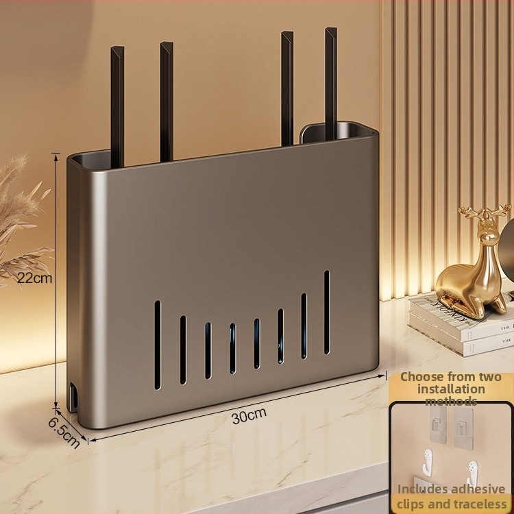 Sienas stiprināms skapītis maršrutatora un WiFi ierīcēm – metāls, minimālistisks stils, 1 līmenis, piemērots guļamistabai un viesistabai