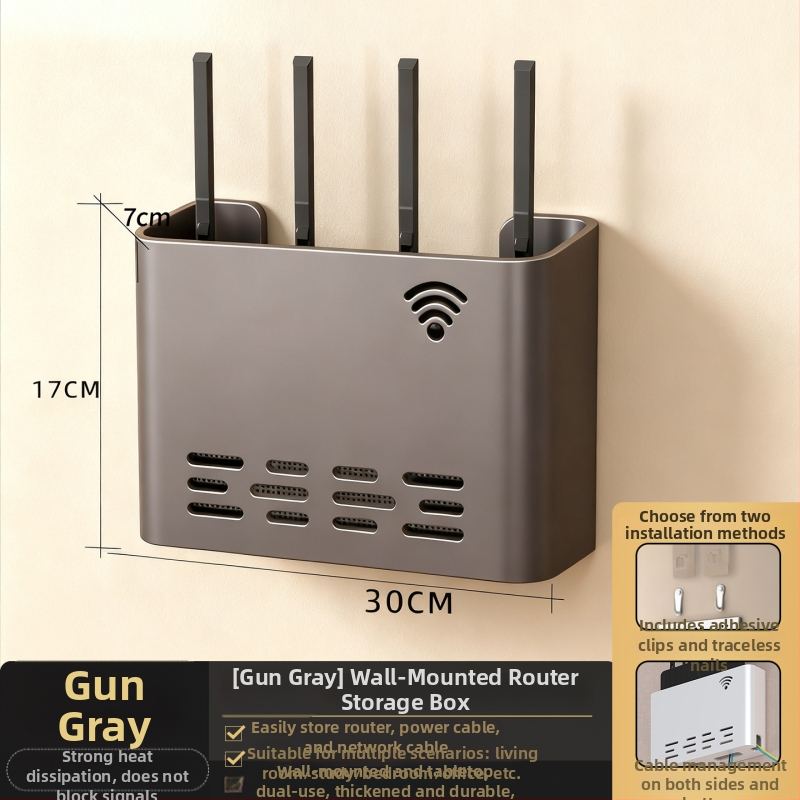 Sienas stiprināms skapītis maršrutatora un WiFi ierīcēm – metāls, minimālistisks stils, 1 līmenis, piemērots guļamistabai un viesistabai