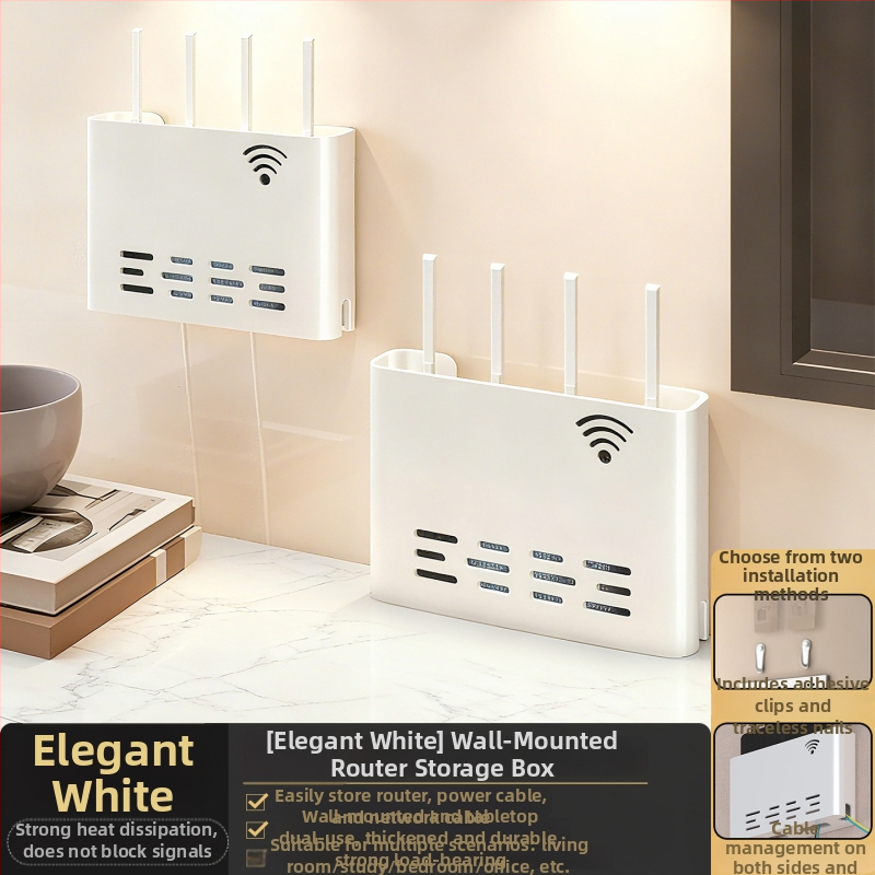 Sienas stiprināms skapītis maršrutatora un WiFi ierīcēm – metāls, minimālistisks stils, 1 līmenis, piemērots guļamistabai un viesistabai