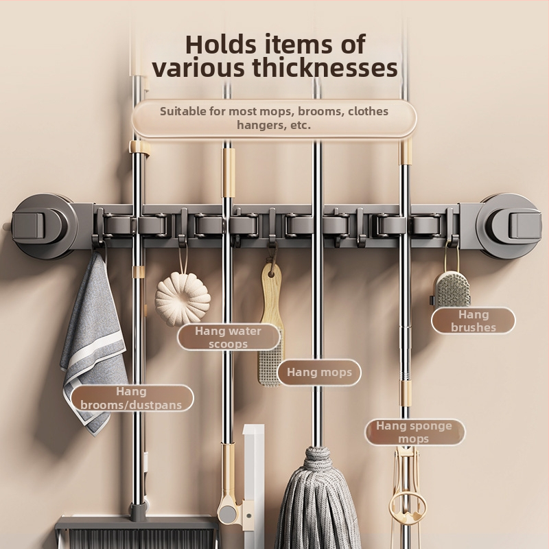 Držiak na mop s prísavkou – na stenu bez vŕtania, z karbónovej ocele + ABS, náter striekaním, moderný minimalistický štýl, značka Diligent