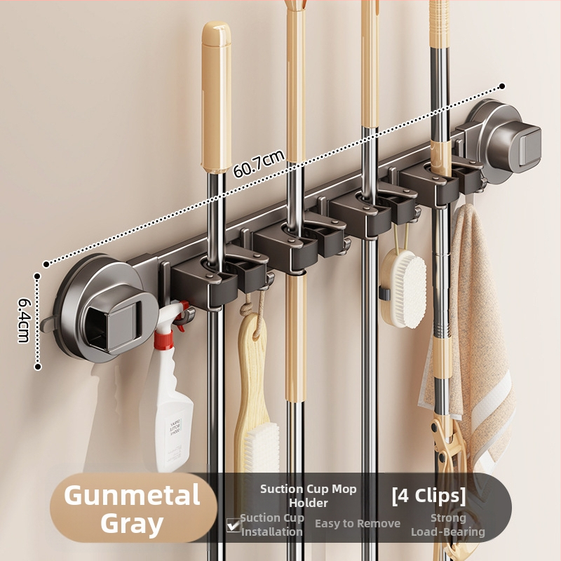 Mopu turētājs ar sūkņa kausu – sienas uzstādīšana bez urbumiem, no oglekļa tērauda + ABS, pulverizēts pārklājums, mūsdienīgs minimālisma stils, zīmols Diligent