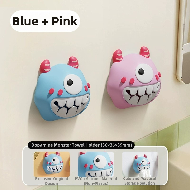 Dvieļu klips un uzglabāšanas plaukts – bez urbšanas, spiediena tipa āķis, PVC, jautrs karikatūru dizains, 0–1 kg