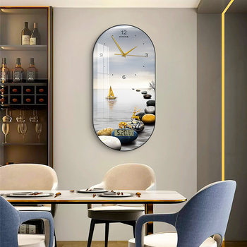 Fali óra nappaliba – modern, minimalista ovális kialakítás, kijelző: mutatók és számok, működtetés: elem, számlap laminált papírból, Plexiglass védő