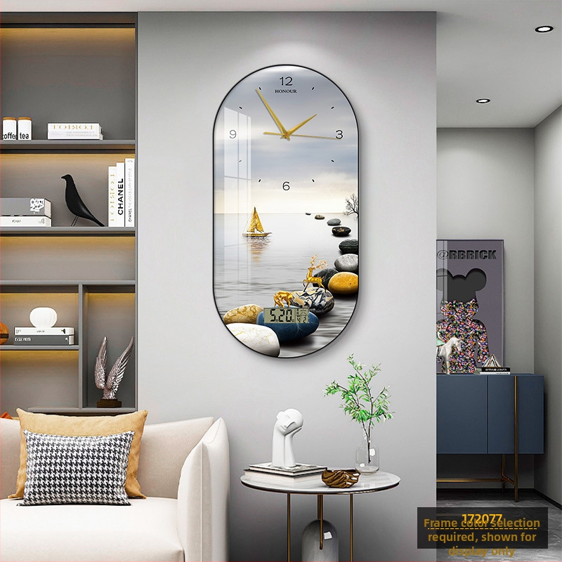 Fali óra nappaliba – modern, minimalista ovális kialakítás, kijelző: mutatók és számok, működtetés: elem, számlap laminált papírból, Plexiglass védő