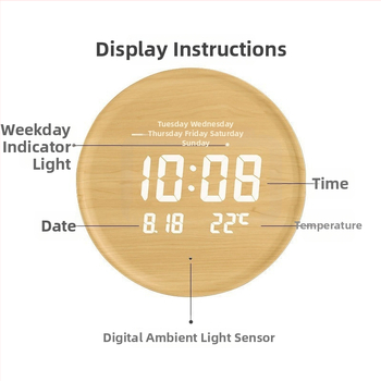 Elektronikus falióra LED kijelzővel, hőmérővel, 24 órás és naptári funkciókkal, fa kerettel, külső tápegységgel