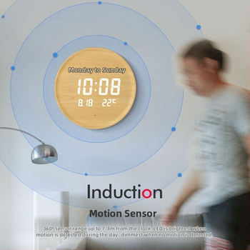 Elektronikus falióra LED kijelzővel, hőmérővel, 24 órás és naptári funkciókkal, fa kerettel, külső tápegységgel