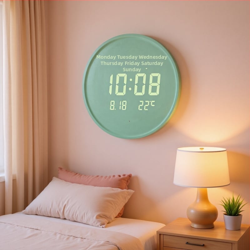 Elektronikus falióra LED kijelzővel, hőmérővel, 24 órás és naptári funkciókkal, fa kerettel, külső tápegységgel