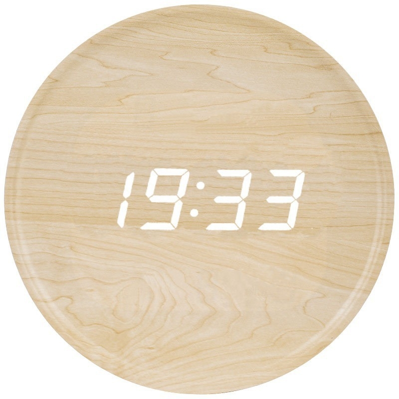 Elektronikus falióra LED kijelzővel, hőmérővel, 24 órás és naptári funkciókkal, fa kerettel, külső tápegységgel