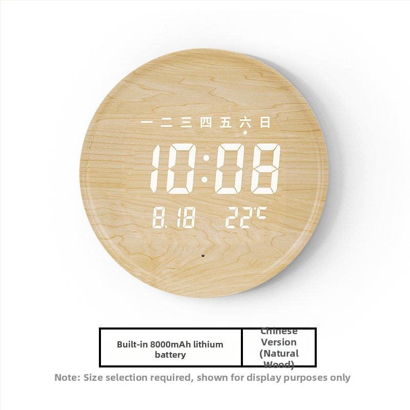 Elektronikus falióra LED kijelzővel, hőmérővel, 24 órás és naptári funkciókkal, fa kerettel, külső tápegységgel