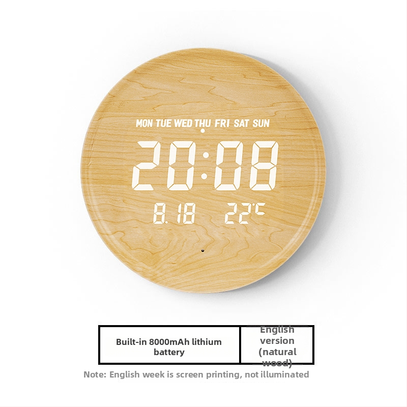 Elektronikus falióra LED kijelzővel, hőmérővel, 24 órás és naptári funkciókkal, fa kerettel, külső tápegységgel