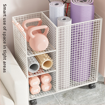 Qin qi Dzelzs jogas paklāja uzglabāšanas grozs ar riteņiem – mūsdienīgs vienkāršs stils, ratiņi mājas fitnesa aprīkojumam un badmintonam