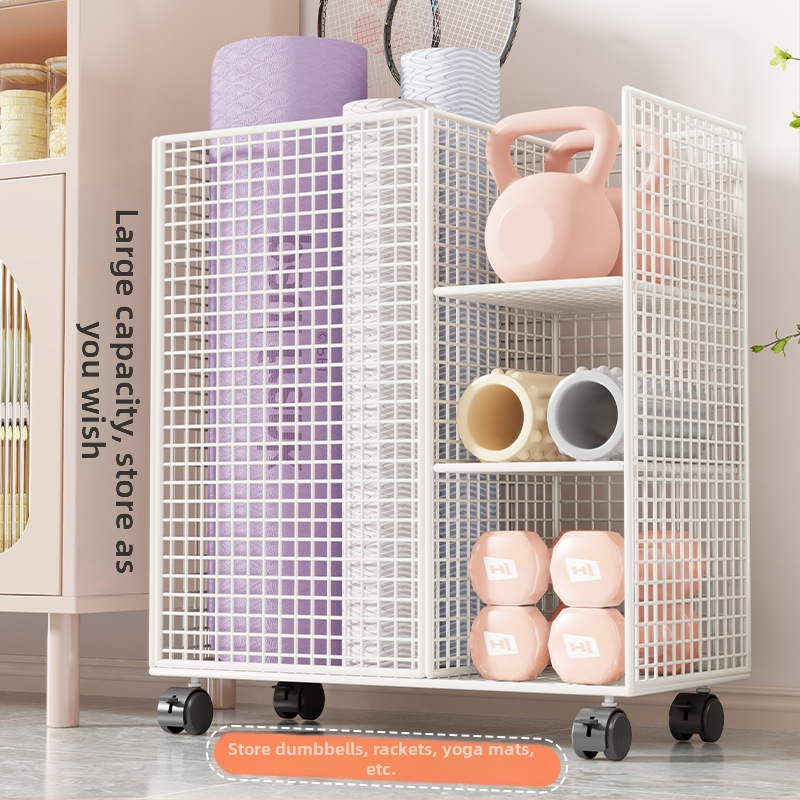 Qin qi Železný kôš na uskladnenie jogamat s kolieskami – moderný, jednoduchý dizajn, vozík pre domáce fitness vybavenie a badminton