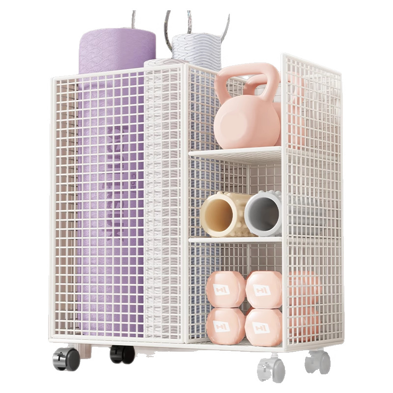 Qin qi Dzelzs jogas paklāja uzglabāšanas grozs ar riteņiem – mūsdienīgs vienkāršs stils, ratiņi mājas fitnesa aprīkojumam un badmintonam