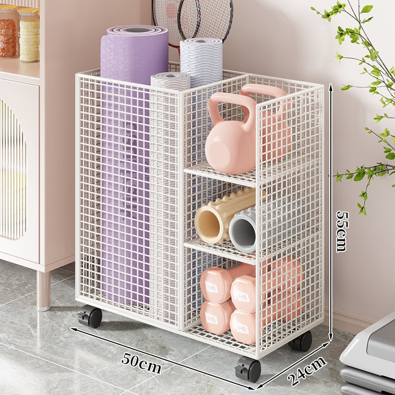 Qin qi Dzelzs jogas paklāja uzglabāšanas grozs ar riteņiem – mūsdienīgs vienkāršs stils, ratiņi mājas fitnesa aprīkojumam un badmintonam