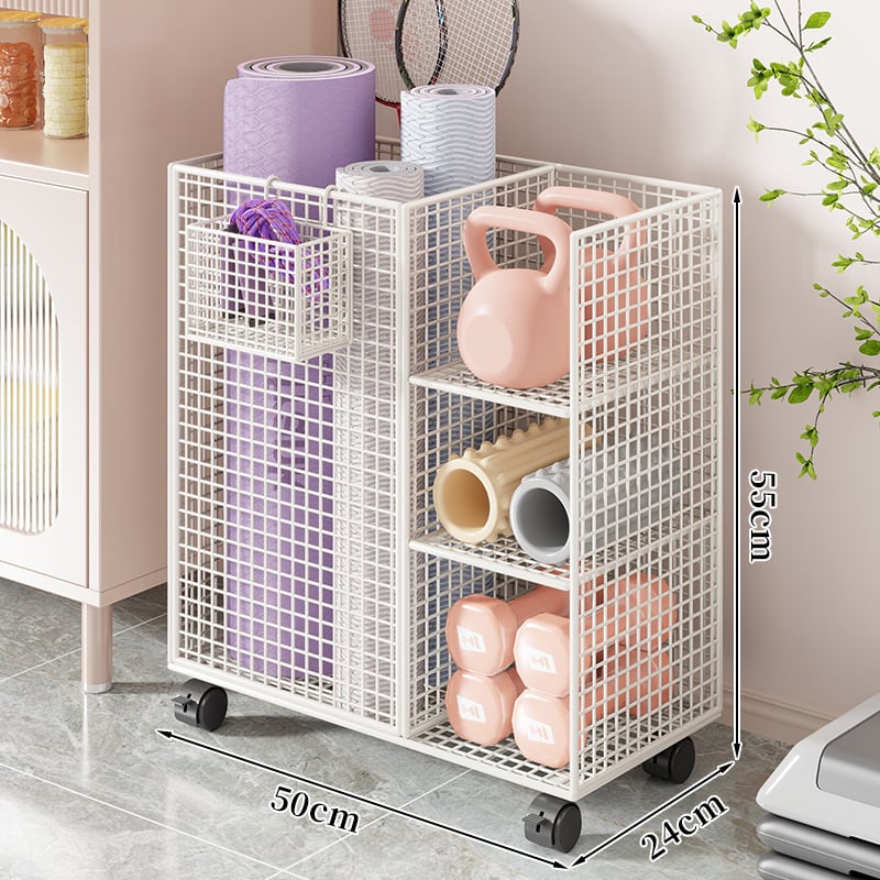 Qin qi Dzelzs jogas paklāja uzglabāšanas grozs ar riteņiem – mūsdienīgs vienkāršs stils, ratiņi mājas fitnesa aprīkojumam un badmintonam