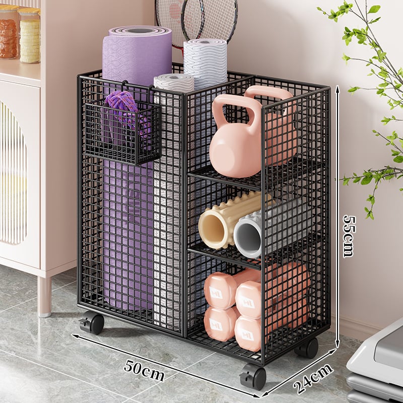 Qin qi Dzelzs jogas paklāja uzglabāšanas grozs ar riteņiem – mūsdienīgs vienkāršs stils, ratiņi mājas fitnesa aprīkojumam un badmintonam