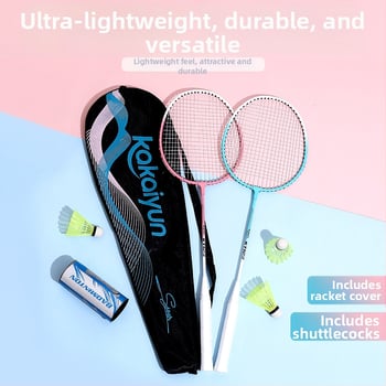 Badmintona rakete - rāmis no dzelzs sakausējuma, neilona stīgas, svars 95–100 g, roktura biezums G1, stieņa cietība ekstra cieta