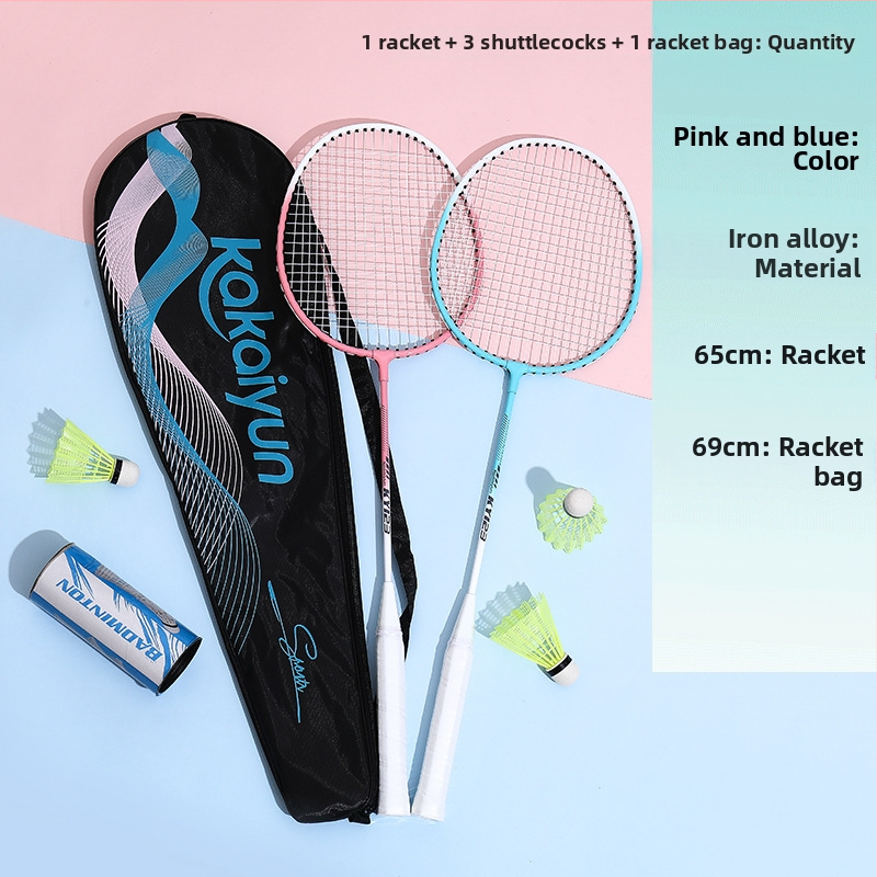 Badmintona rakete - rāmis no dzelzs sakausējuma, neilona stīgas, svars 95–100 g, roktura biezums G1, stieņa cietība ekstra cieta
