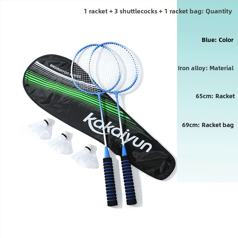 Badmintona rakete - rāmis no dzelzs sakausējuma, neilona stīgas, svars 95–100 g, roktura biezums G1, stieņa cietība ekstra cieta