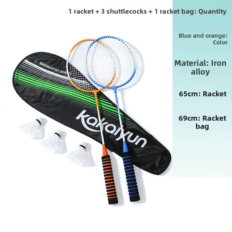 Badmintona rakete - rāmis no dzelzs sakausējuma, neilona stīgas, svars 95–100 g, roktura biezums G1, stieņa cietība ekstra cieta