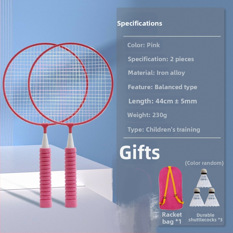 Badmintona rakete - rāmis no dzelzs sakausējuma, neilona stīgas, svars 95–100 g, roktura biezums G1, stieņa cietība ekstra cieta