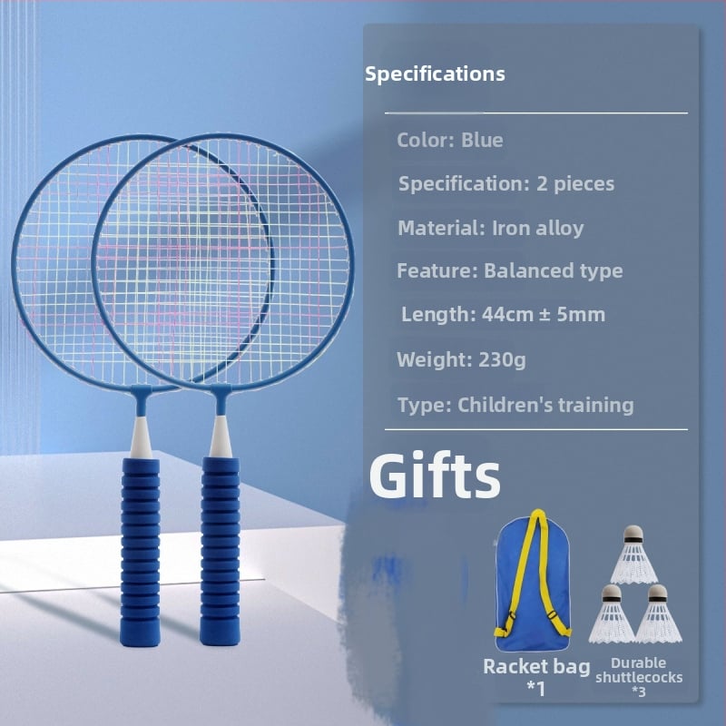 Badmintona rakete - rāmis no dzelzs sakausējuma, neilona stīgas, svars 95–100 g, roktura biezums G1, stieņa cietība ekstra cieta